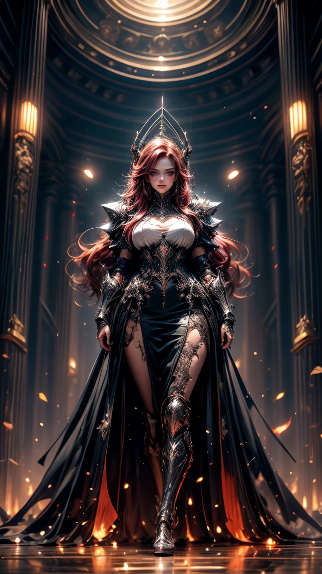 score_9, score_8_up, score_7_up, source_anime, source_explicit, Imposing and intimidating human female warrior with long red hair, dark armor and a sinister appearance like that of a villain. She is very attractive and alluring, but is in the service of an evil force. hyper detailed, gothic art, trending on artstation,intricate details, ultra detailed,, ultra detailed clothes, epic masterpiece, ultra detailed, intricate details, award winning, fantasy art concept masterpiece, trending on Artstation, digital art, unreal engine, 8k, ultra HD, centered image