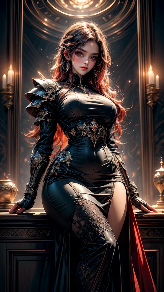 anime - style image of a woman in a red dress in a church, redhead queen in heavy red armor, cushart krenz arte chave feminino, female redhead templar, lady in red armor, beautiful female cleric, high detailed official artwork, 极其详细的Artgerm, highly detailed exquisite fanart, I was the point, Anime goddess, red-haired goddess