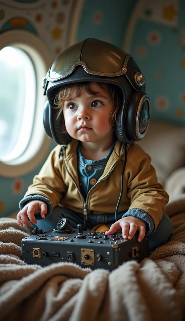 
A 2 week old newborn baby, wearing an Indonesian pilot outfit, sits on a small chair in a photo studio.