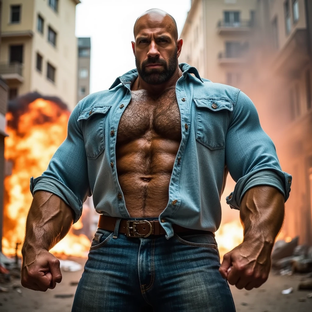 Bald muscular man, American face, muscular body of god, small waist, wearing a small wet white thong and a huge bulge underneath, short hair clearly elegant, in a fire and somewhat apocalyptic construction space