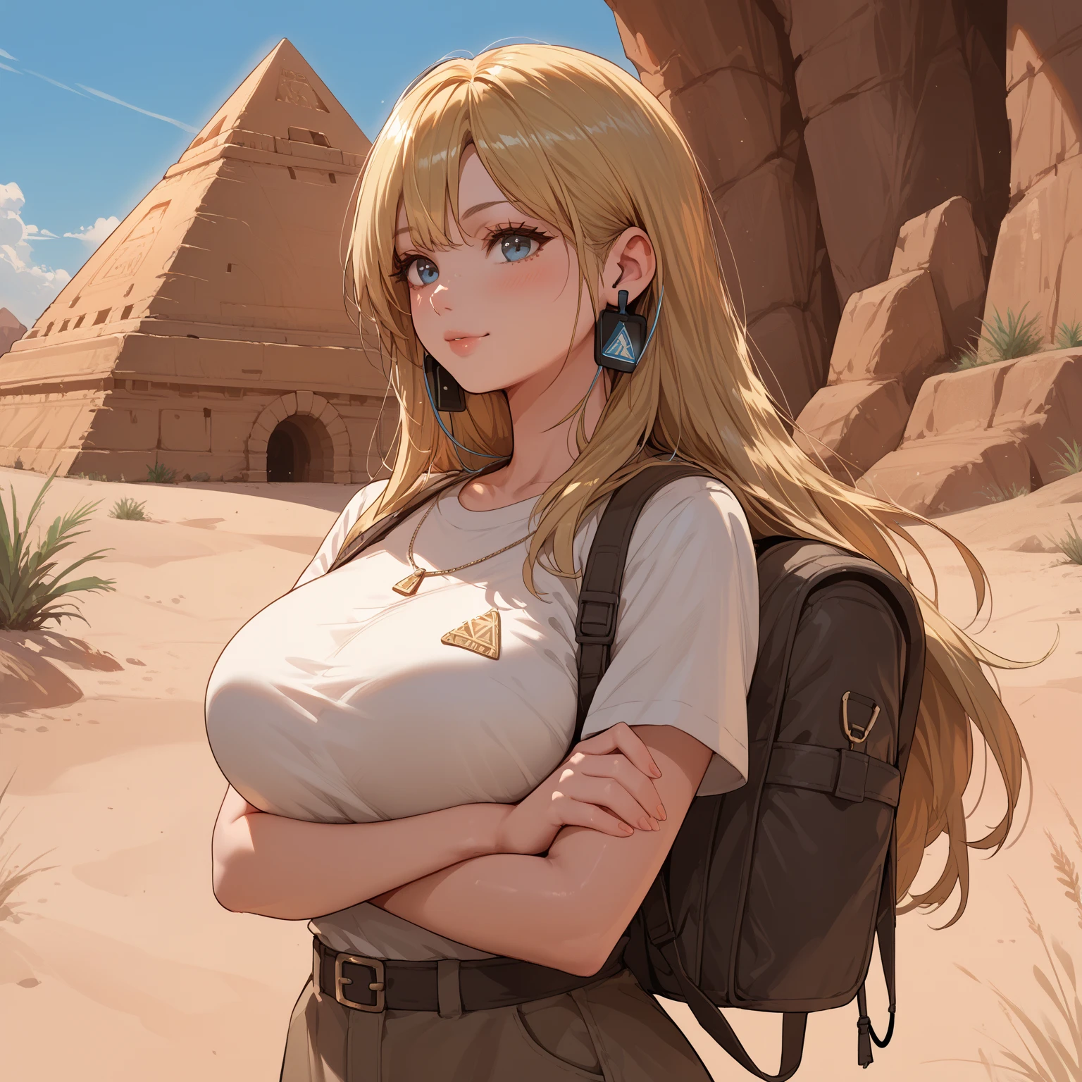 (1girl), (solo), ((masterpiece)), best quality, beautiful, perfect lighting, extremely delicate and beautiful, detailed face, ultra cute face, (high res), ((1girl)), ((solo), looking at viewer, ((cowboy shot 1.2)),

 Short blonde messy hair, blue eyes, serious look, exhausted, sweat, ((thin)), long legs, thigh gap, slender legs, medium breasts, cleavage, perky breasts, ((tan button up shirt)), (khaki shorts 1.2), explorers outfit, leather belt, 

walking, desert, pyramid, Eygpt, in a ruin,