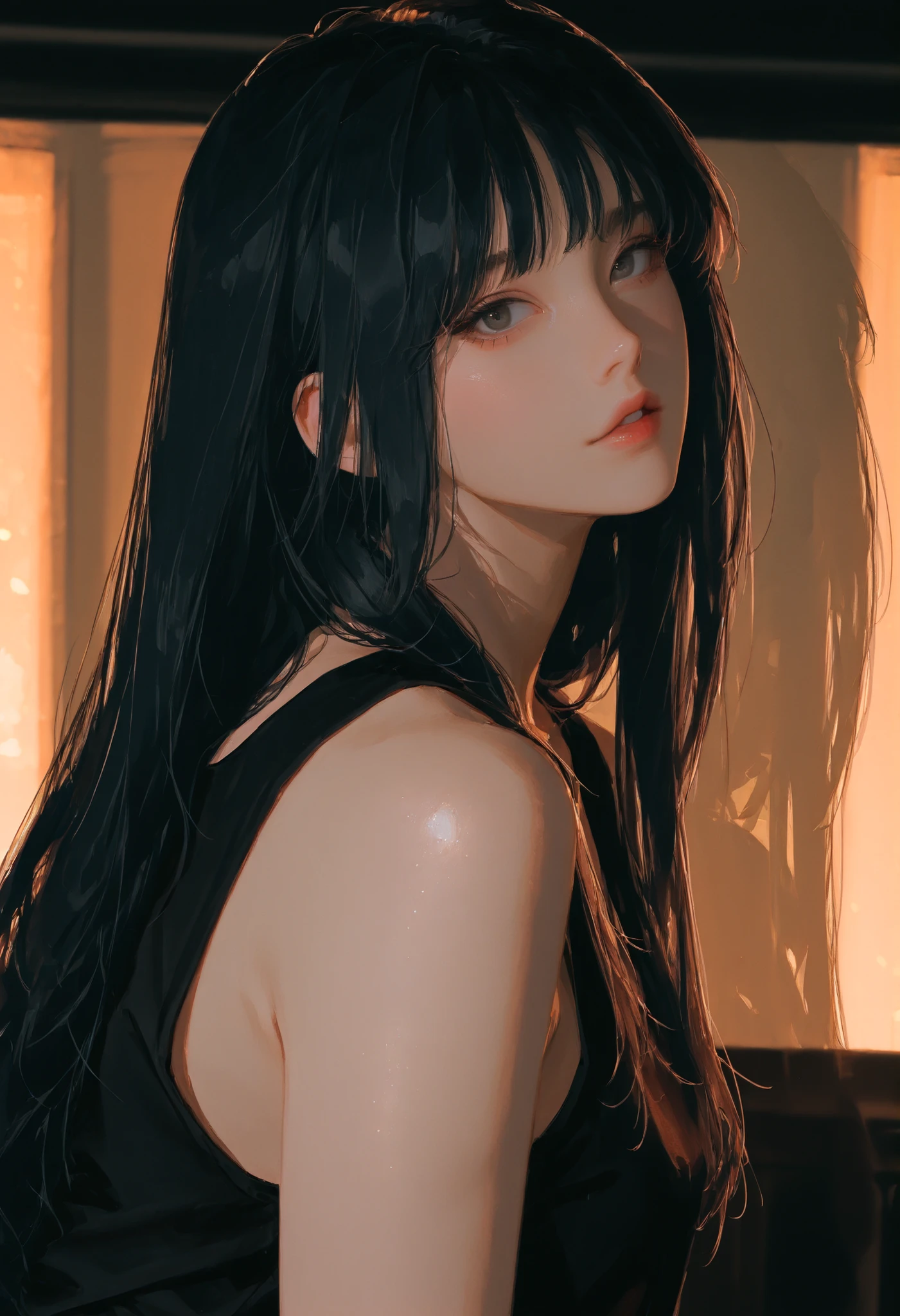 Half upper body portrait, looking at viewer, solo, 1 girl, very long black hair, black. Wear tanktop. Indoor background. Pose for photo. Dynamic warm lighting, anime-style,dramatic shadows.