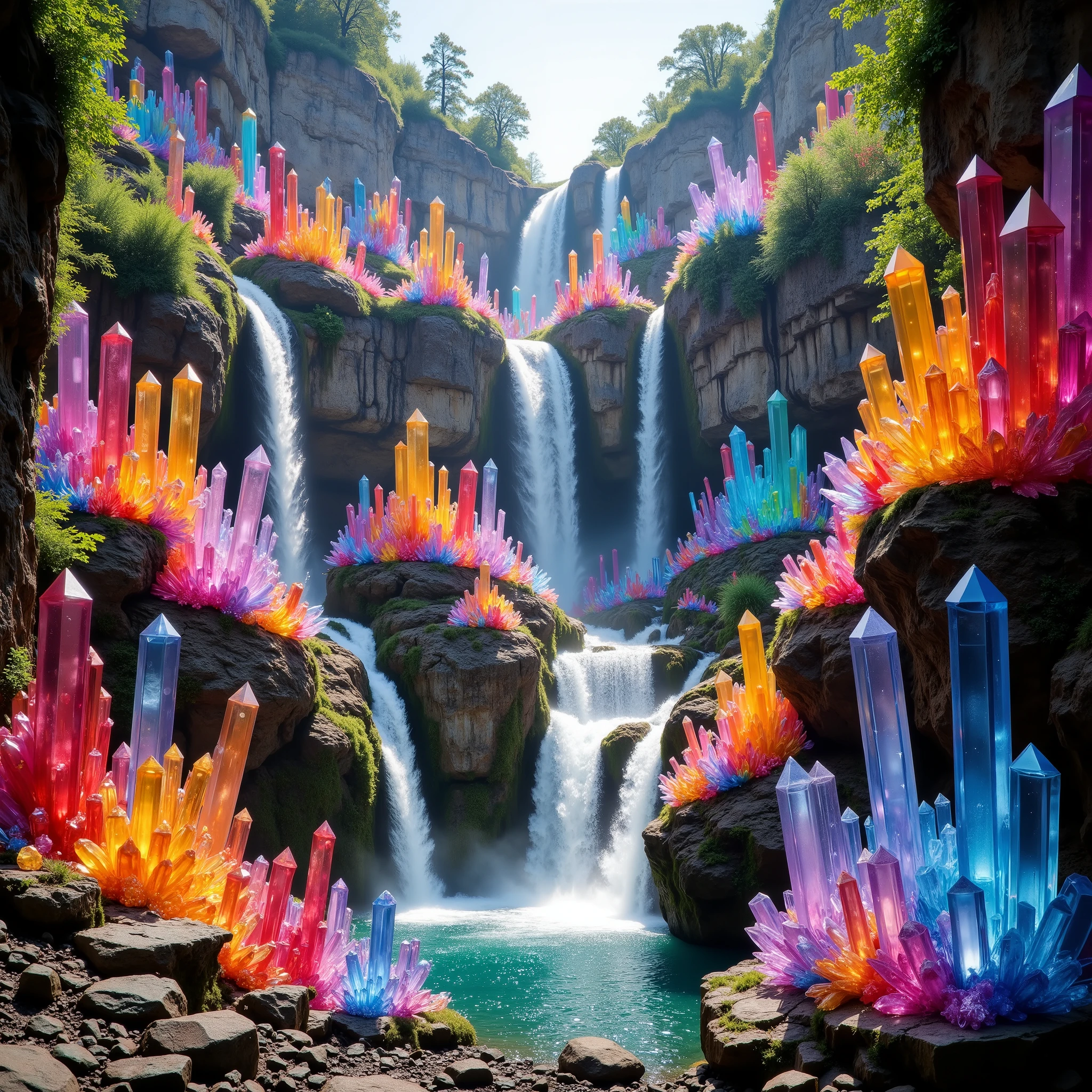 a close up of a waterfall with a waterfall and a waterfall surrounded by colorful crystals, magic crystal bridge colorfully, intricate rainbow environment, colorful crystals, colourful 3 d crystals, colourful 3 d crystals and gems, colourful 3d crystals and gems, crystal forest, colorful ravine, extraordinary colorful landscape, fantasy desert crystal island, crystal color, magical colors and atmosphere