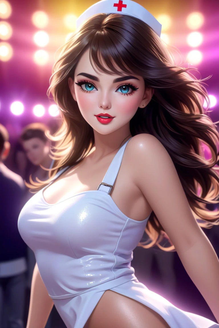 score_9, score_8_up, score_7_up, score_6_up, score_5_up, score_4_up, source_anime, realistic, photo-realistic, Aletta Ocean wearing a sexy school uniform with collar, front tied crop top, mini skirt and fishnet stockings, looking at viewer, seductive, beautiful detailed eyes, posing with her arms up behind her head, showing off her huge breasts, POV, voluptuous, hourglass figure, huge breasts, cinematic lighting, professional lighting