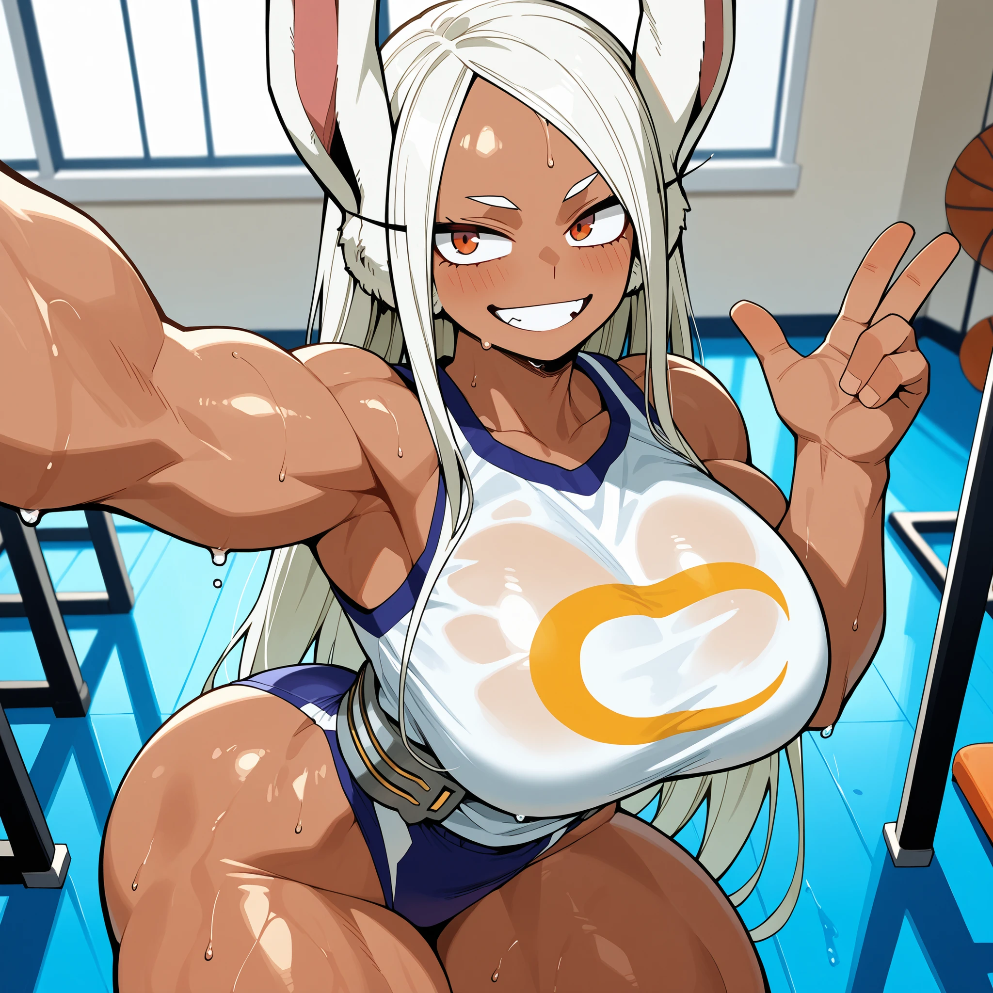 Mirko, long hair, big huge bobbies, thick thighs , in the gym, sexy smile , upper view, one hand selfie, wet, side view
