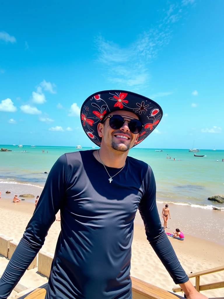 There's a man kneeling on the beach with a yellow bracelet, posando em uma praia com o oceano, em uma praia tropical, posando na praia, na praia, foto de praia, on the ocean water, standing at the beach, vacation photo, em uma praia, Standing on a beach, em uma praia ensolarada, na praia, in the water, estilo pixar 3d