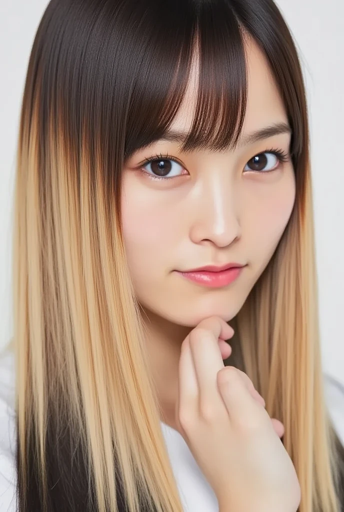 A mix of nicely trimmed blond and black hair、ponytail、face close-up