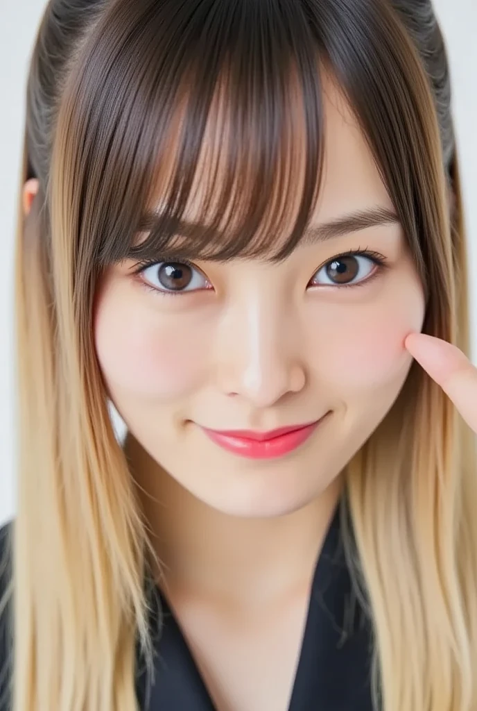 A mix of nicely trimmed blond and black hair、ponytail、face close-up