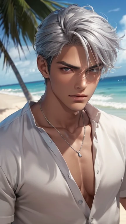 (max resolution: 1.2), (Ultra HDTV: 1.2), 8K resolution, Eye and skin details, face details, , (Sharp focus: 1.2), (Precise focus) sharp face: 1.2), Standing boy, Short hair, White hair, Shirtless, Exposed chest muscles, Six pack abs, transparent white briefs, Summer, Sea water, Coconut trees, Blue sky, White clouds, Light Sun, Table made of water