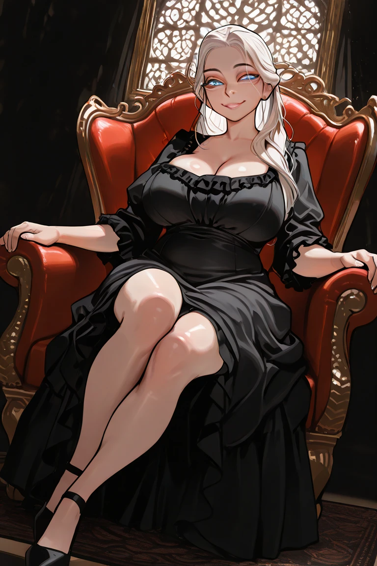 Beautiful Marie-Antoinette in a black attire sitting crying with long hairs, big boobs and crossed hands