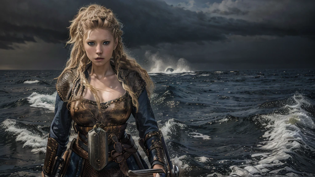 Full body viking girl, in a Viking settlement, photorealistic face, photorealistic body, long blonde hair, deep ocean blue eyes, wearing silver war bikini with golden vines for clothes, mix of armor and dress, sharp focus, details Intricate, hyperrealistic art, Realistic digital artwork, Symmetrical, photo shoot with 25mm lens, Depth of field, Tilt Blur, shutter-speed 1/1000, f/16, white balance, 32k, RGB professional photo, half rear lighting, contra-luz, dramatic lighting, soft lighting, Volumetric, , global illumination, spreading, eyeshadows, chest uncovered, discovered back, chest uncovered, puffy breast, Rembrandt and Masamune Shirow mixed art styles
