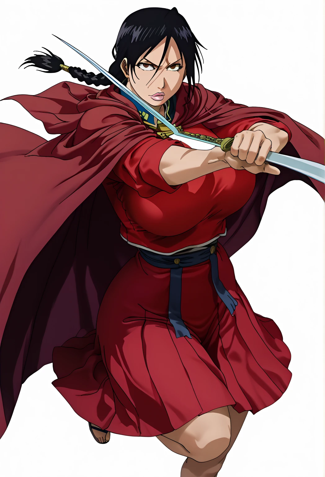 High resolution, 4k, girl, 2 18yo, tanned skin, Egyptian ethnicity, cute face, detailed face, detailed body, full lips, lips slightly parted, serious face, troublemaker face, apathetic face, beautiful face, brown eyes, slanted eyes, eyelids almost closed, very long black hair, loose black hair with one side made with a boxer braid, nose piercing, wears a red royal guard uniform, wears a red skirt over the uniform, wears a red cape, full body shot, voluptuous body, curvy body, huge breasts, slim waist, thin waist, thick thighs, huge ass, 3/4 angle view, seen from the front, good anatomy, white background, holding a sword, fighting pose, floating