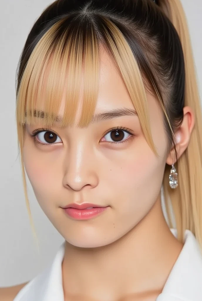 A mix of nicely trimmed blond and black hair、ponytail、face close-up