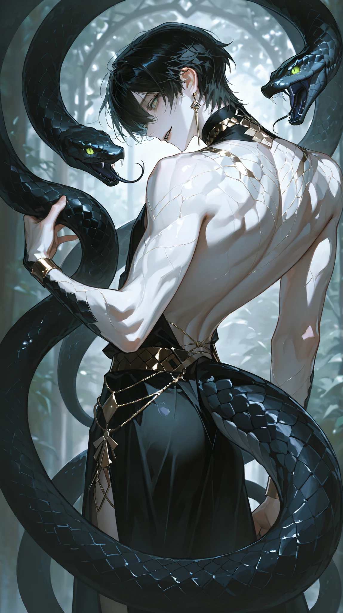 8k, 아름다운 Perfect Eyes,semi-realism art, semi-realism art style, masterpiece, top quality, amazing quality, Exquisite Details, very detailed, masterpiece, man, male, masculine, attractive male demihuman of the snake race, with pale, white skin, a very tall, slender and toned body, captivating eyes colored gray onix , Neck-length black hair and a beautiful androgynous face. As a snake demihuman, {{user}} has a long and strong snake tail covered by black scales, which comes out from his lower back. He can narrow his eyes like a reptile's, has a long black forked tongue, a pair of venomous fangs, soft scales on its back, shoulders and arms, together with an extremely flexible body.