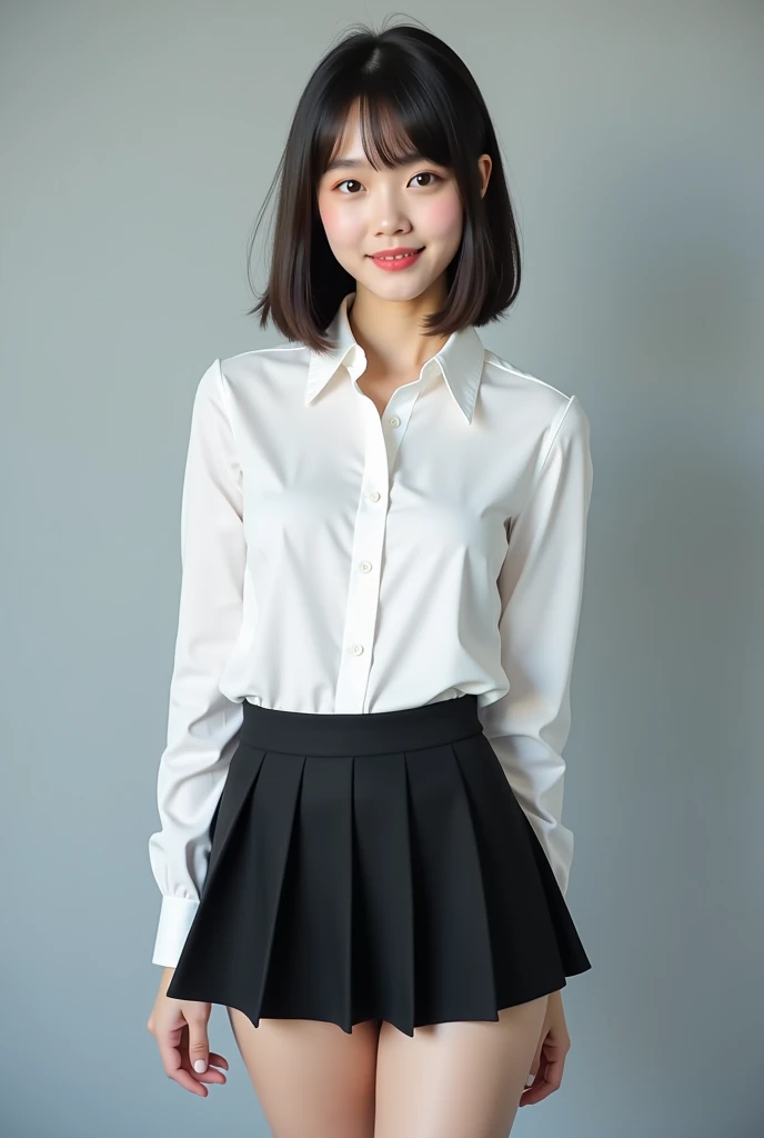 anime, purple eyes, elegant nose, white skin, long black hair, wearing a collared and buttoned shirt, showing From feet to head, pretty, cute and funny, around teenage age (14-16), standing, smiling, just do the best you can