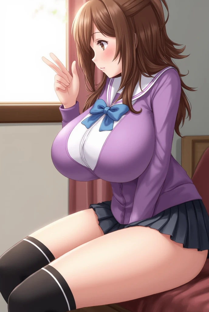 (Tabletop, Highest quality, High resolution, , Pixel perfect, 4K,), 1 Girl, single, alone, Beautiful woman、I could see the whole body、 ((Wavy mid-hair, bangs, Brown Hair)), ((Brown eyes, Beautiful eyelashes, Realistic eyes)), ((Detailed face, blush:1.2)), ((Smooth texture:0.75, Realistic texture:0.65, Realistic:1.1, Anime CG Style)), Medium chest, Dynamic Angle, Perfect body, ((, female teacher, , Earrings、necklace、Nipples、Dark blue flared skirt、Black knee-high stockings、Spread your legs wide、、A shy smile))、 Superior、、、evening、Sit at a desk、Touch your breasts with both hands、(、I can see your pants、Angle from below)、