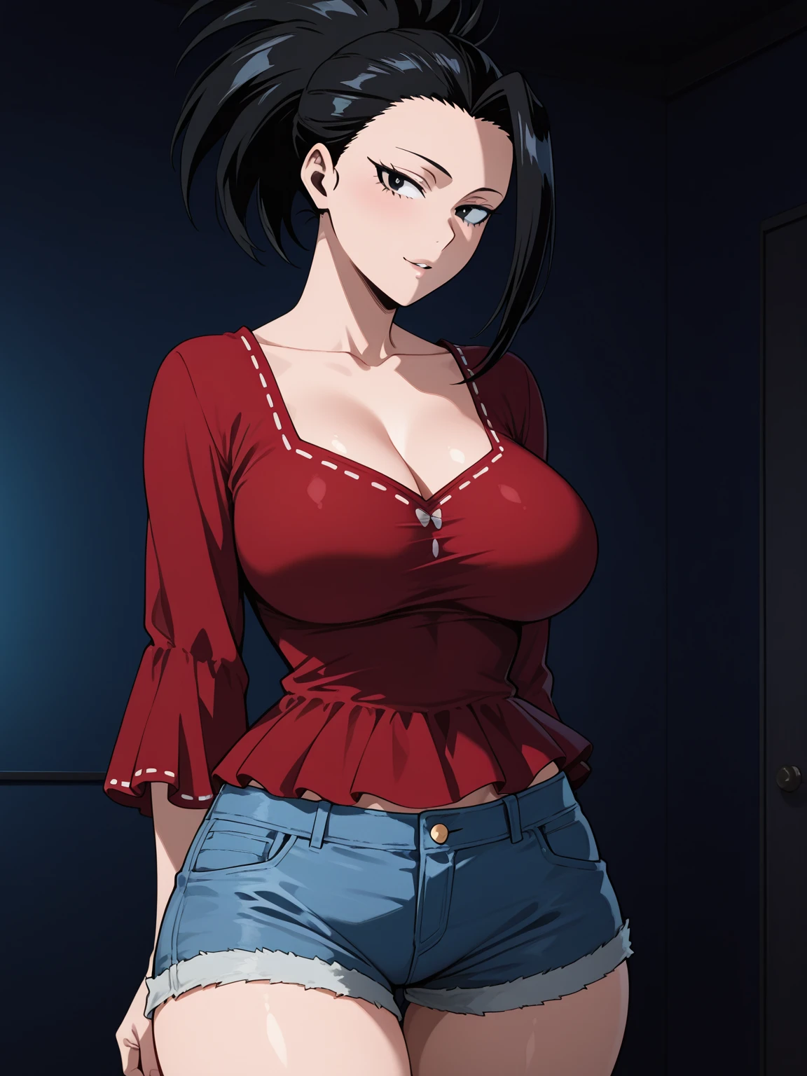 ((((masterpiece, best quality, high resolution)))), 1girl, average breasts, blush, light smile, parted lips, glow, thighs, bare shoulders, collarbone, narrow waist, cleavage, (masterpiece), (beautiful detailed face, beautiful detailed eyes), (hanabi\(boruto\)