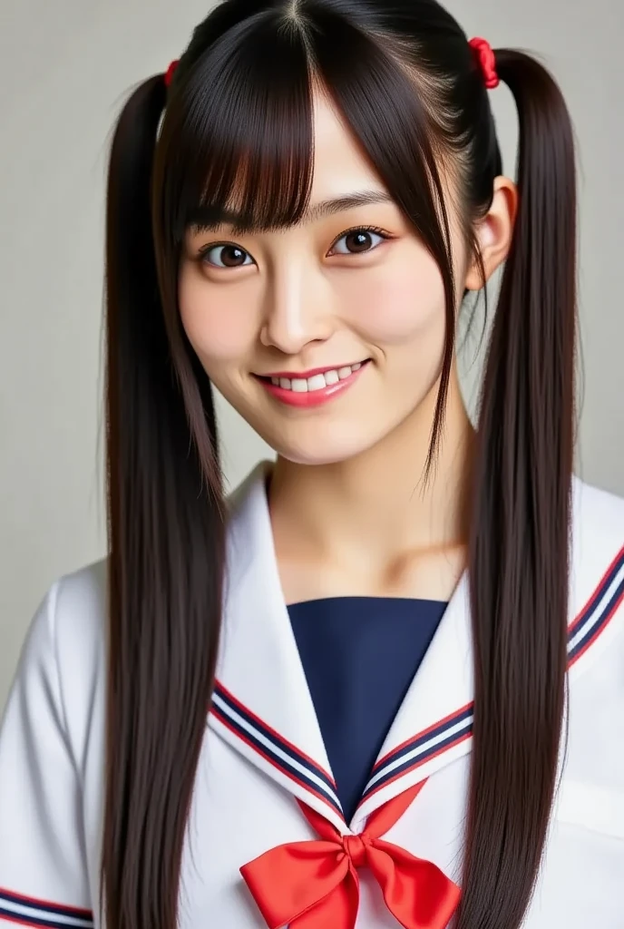 nicely trimmed long black hair、twin tail、Red hair tie、face close-up、Sailor Suit、