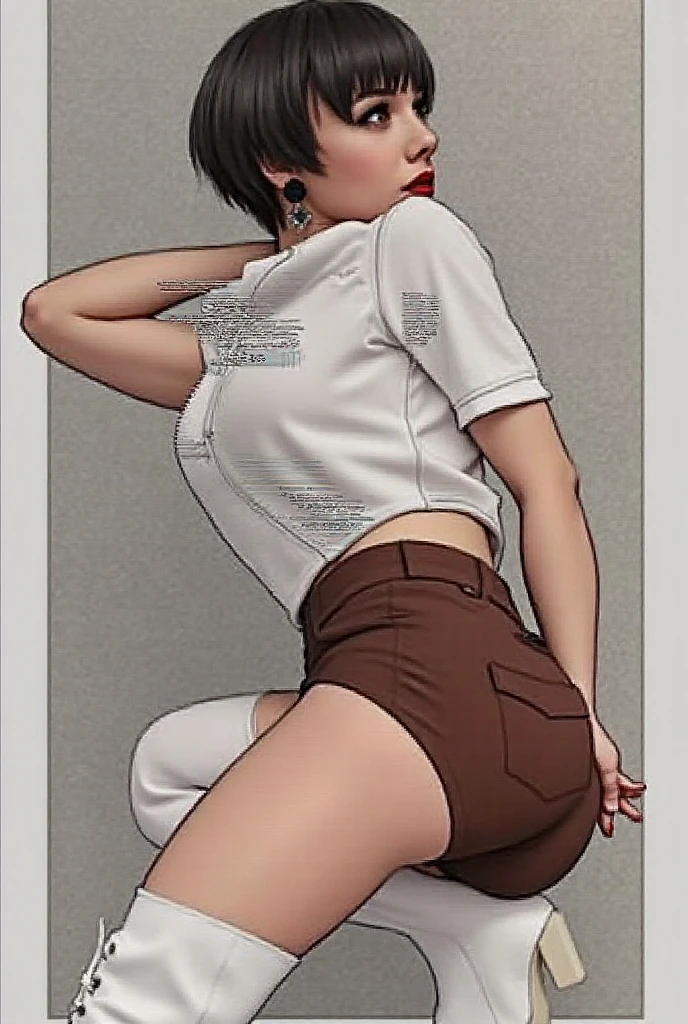 ((masterpiece, best quality)), ((34 year old)), (((Curvy))), (((Japanese woman with messy brown hair)),in grey sweater, ((white cotton panties)), (((Large Hips))), smiling, green eyes, (((photo realistic)))