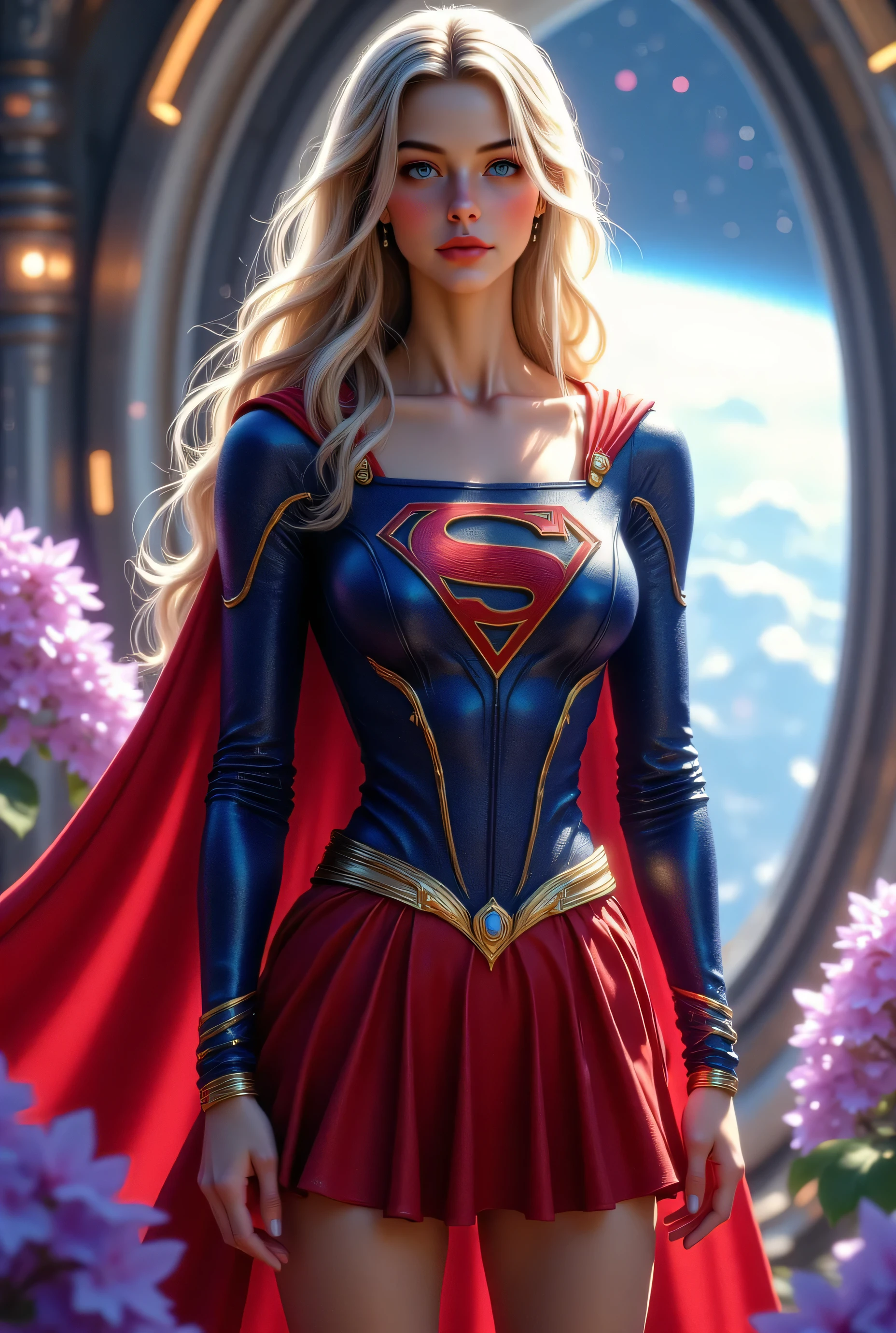A hyper-realistic digital painting of Supergirl standing confidently in a futuristic space station, with a window view of Earth and stars in the background. She has long, flowing platinum blonde hair, a strong and serene expression, and wears a detailed, high-tech version of the classic Supergirl costume with a red skirt, blue bodysuit, gold belt, and red cape flowing behind her, standing among blooming purple wisteria flowers, The lighting is cinematic, with soft glows from space and a heroic atmosphere. She looks powerful, elegant, and otherworldly. Rendered in ultra-high resolution, with vivid colors and realistic textures, Adorable 3D Character, 8K , depth of field , focused subject , dynamic angle , sexy pose , best quality , detailed eyes , perfect eyes , realistic, a stunning fairy girl adorned with lustrous golden locks and sparkling eye makeup, highly detailed, masterpiece, , 3D render, adorable character, 3D art, professional 3d model . octane render, highly detailed, volumetric, dramatic lighting, Expressive, wide eyed, biting her lip, shocked, realistic skin textures, she's horny, wet skin, laying on bed in forest, on all fours, (slim fit), pose , Ultra-detailed, cinematic lighting, high-resolution. Studio Ghibli Dark Fairytale, style
