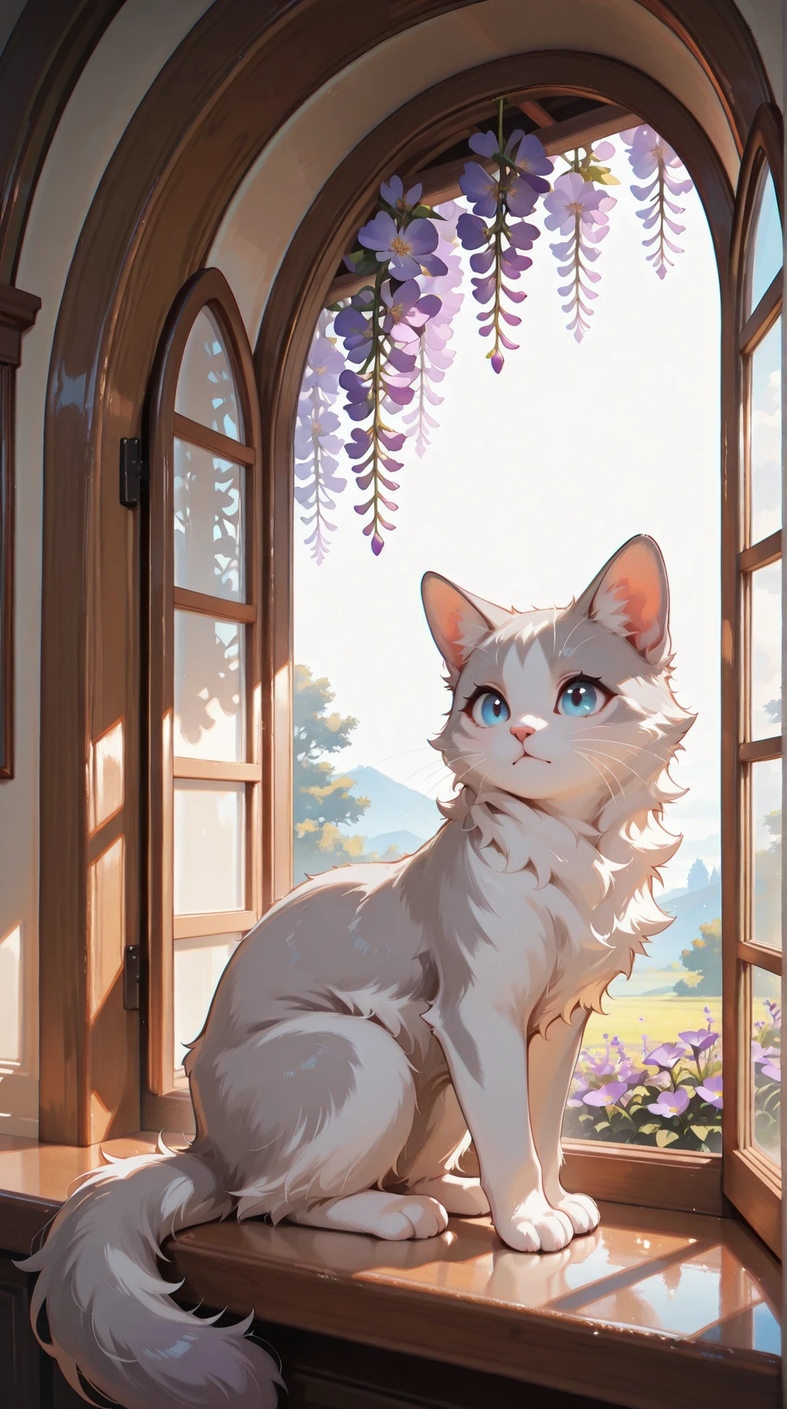 A fluffy, light gray and white cat with large blue eyes, sits in a sun-drenched window seat framed by pastel purple flowers, exuding a soft, dreamy aesthetic with a painterly, detailed style.