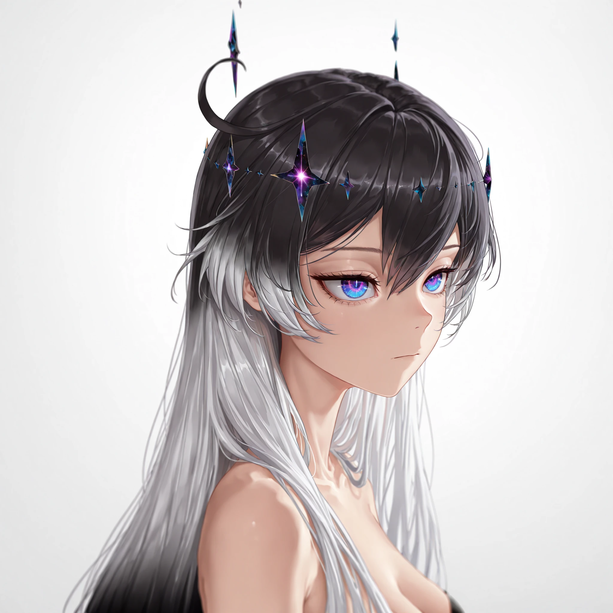 masterpiece, best quality, amazing quality, very aesthetic, high resolution, ultra-detailed, absurdres, (hands:-0.33),
1girl, solo, (modelshoot, photomodel, quarter shot, closeup shot:1.19), (KianaHi3, Fol005, Kia_Hof:0.22), narrow eyes, expressionless, (white hair:0.86), very long hair, (gradient hair, multicolored hair, black hair:1.13), two-tone hair, ,blue eyes, purple eyes, cosmic eyes, kiana kaslana, bright eyes, tsurime,
BREAK, depth of field, volumetric lighting