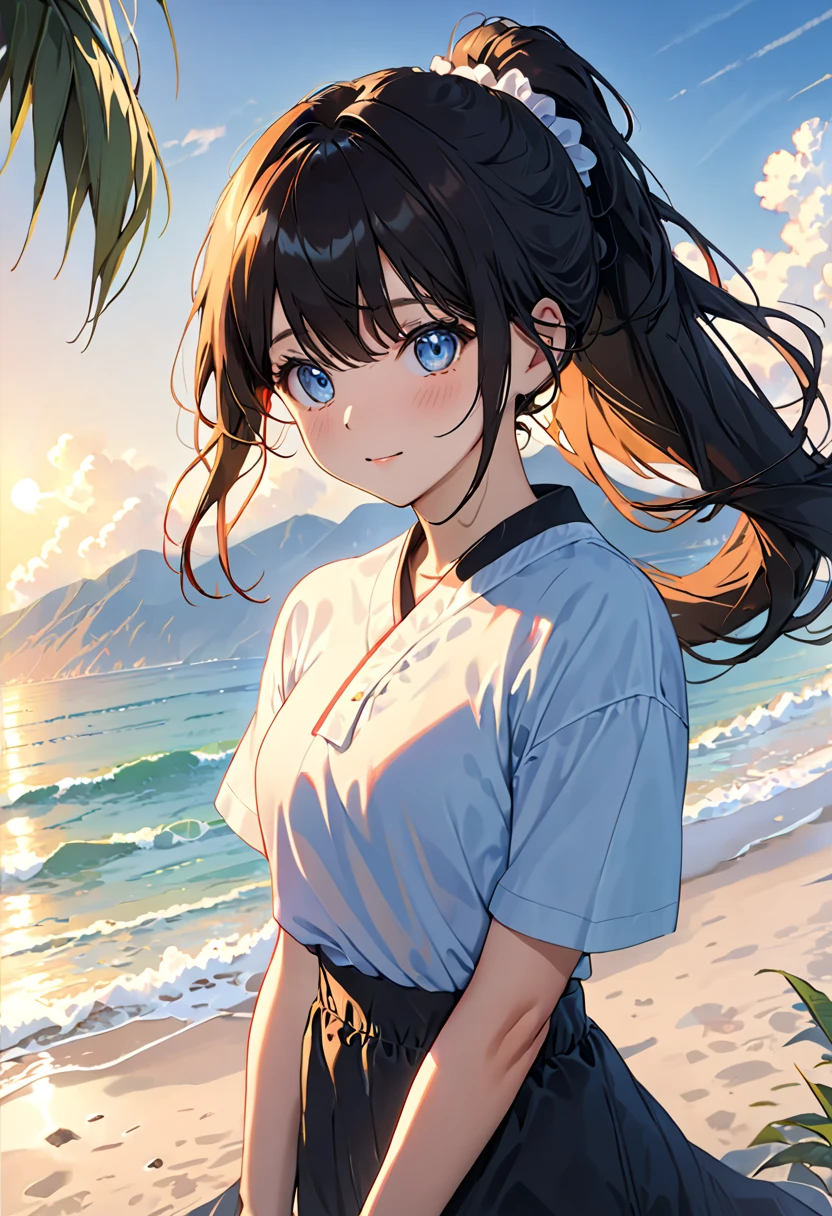 1 girl in, serene expression, ojos fascinantes, largo, cabello rosa claro lacio, Sky Blue Turtleneck Swimsuit, postura serena, piel de porcelana, rubor sutil, (edge lighting): 1.2, warm tones, resplandor solar, sombras suaves, colores vibrantes, Pictorial effect, Dreamy atmosphere BREAK scenic lake, Distant mountains, salsa, aguas tranquilas, reflejo, nubes iluminadas por el sol, ambiente tranquilo, Idyllic sunset, ultra detallado, arte oficial, fondo de pantalla de unidad 8k, Zentangle, mandala