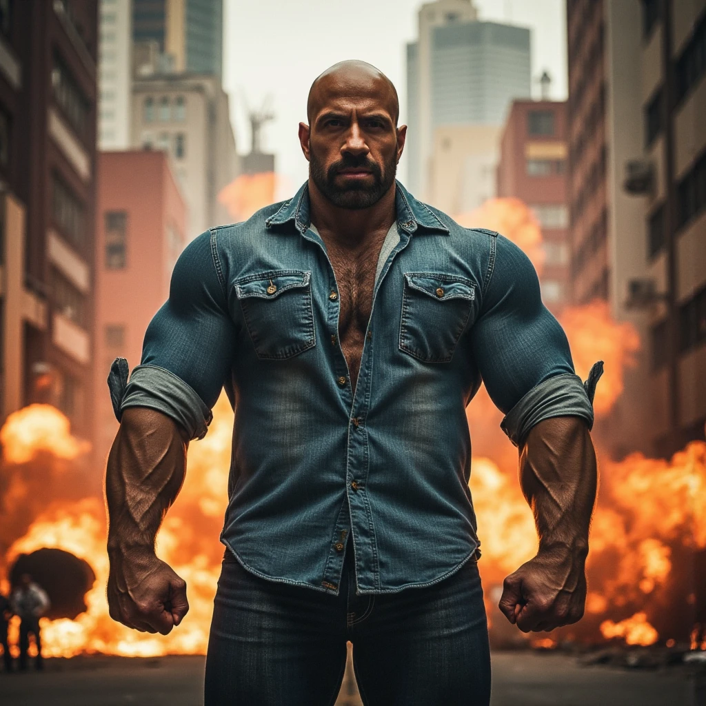 hypermuscular man bulked marked veins, disproportionately muscular arms, small head, gray skin, angry face black hair, black leather gloves with metal plates torn gray military pants, military boots, he is in a a completely destroyed city on fire, destroyed tank smoke and debris, ultra realistic, Ultra detailed, Hyper realistic, 4k, Ultra detailed image, realistic, Highly detailed, perfect composition, beautiful intricately detailed incredibly detailed, 8K fine art photography, hyper detailed, Masterpiece