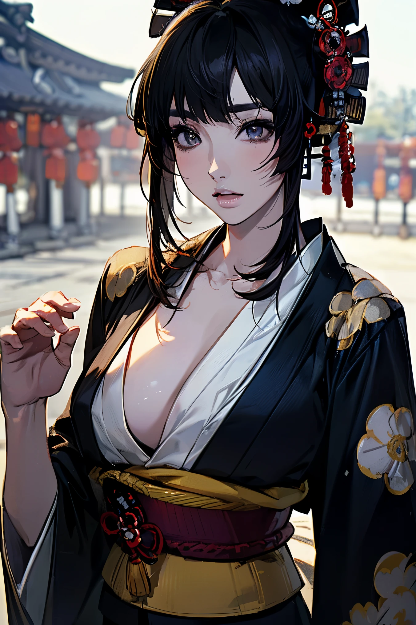 ((Quality: masterpiece, best quality, UHD, anatomically correct, photo realism, textured and detailed skin, skin pores, skin imperfections, textured and detailed hair, volumetric lighting)), modern-day geisha with a unique twist that blends traditional and contemporary elements