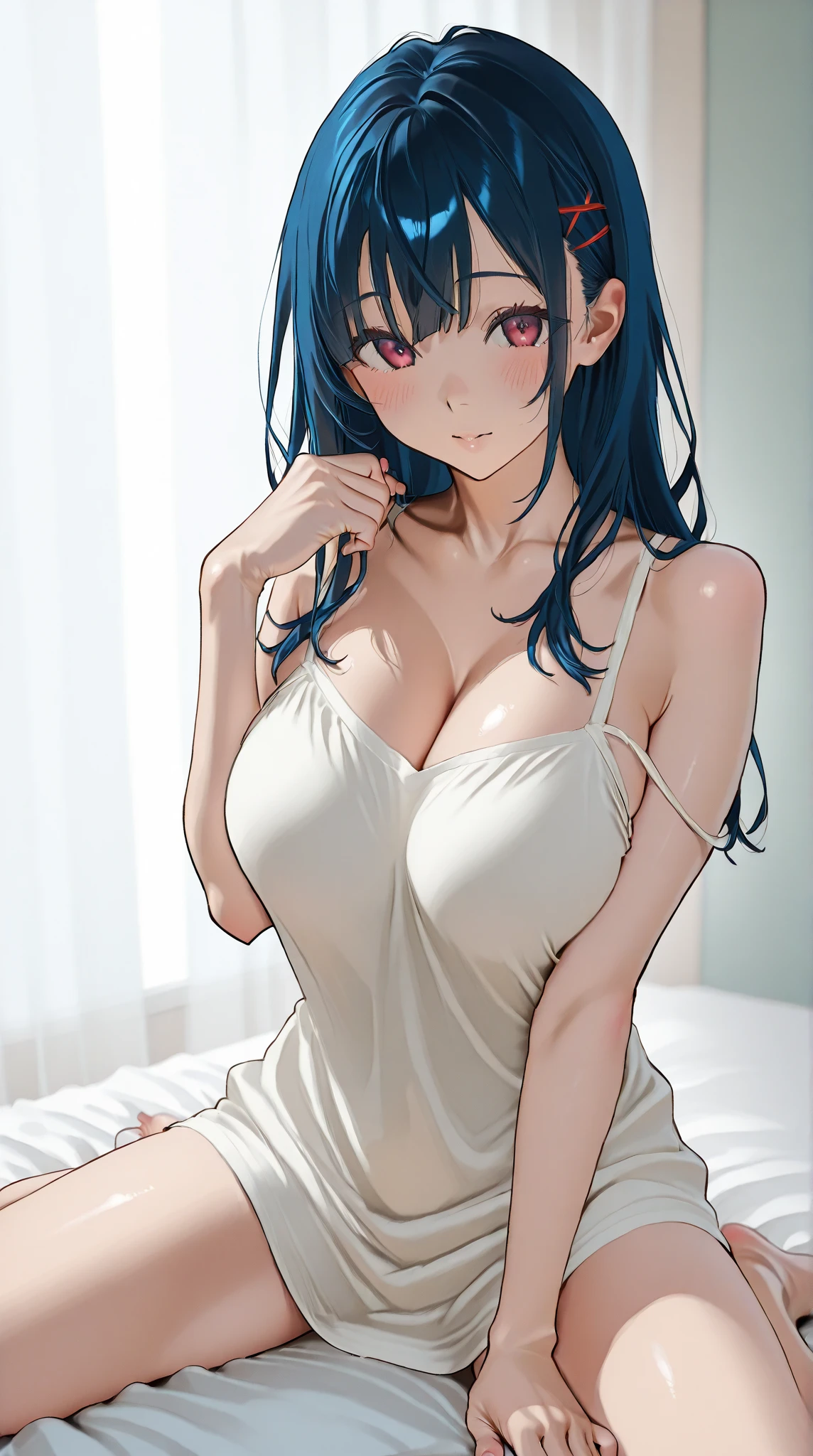 (8k, best quality, masterpiece:1.2),(best quality:1.0),ultra highres:1.0, extremely detailed, render, 4k, absurdres, HDR, looking at viewer, sexy, thighs, lips, parted lips, closed mouth, light smile, medium breasts:1.3, mer1, blue hair, short hair:1.2, nsfw, ((unbutton blouse, unbutton skirt)), lying on back, lying on white sheet,