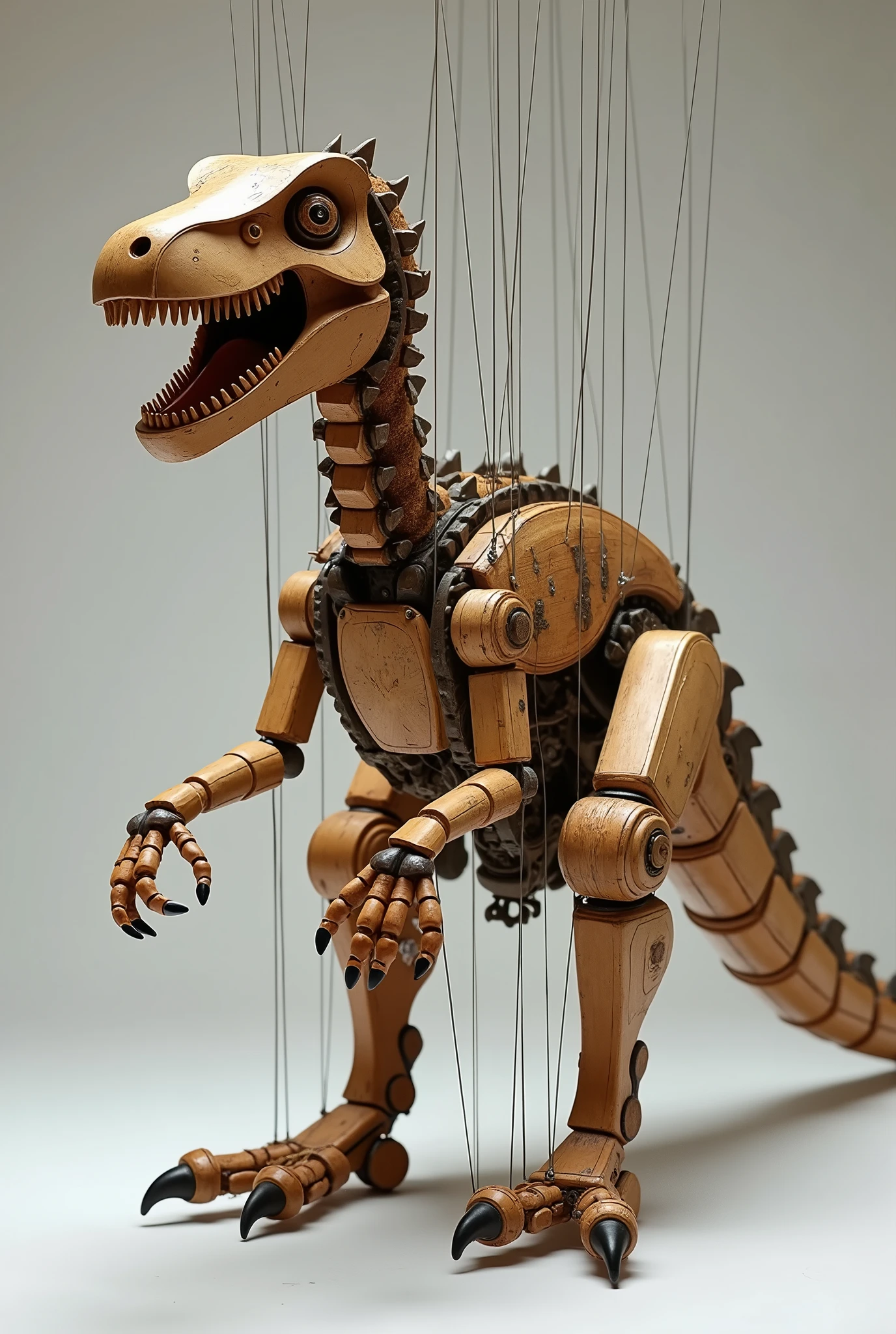 A unique and unique design of a puppet with its strings and everything of a wooden dinosaur, with an abstract and realistic touch.