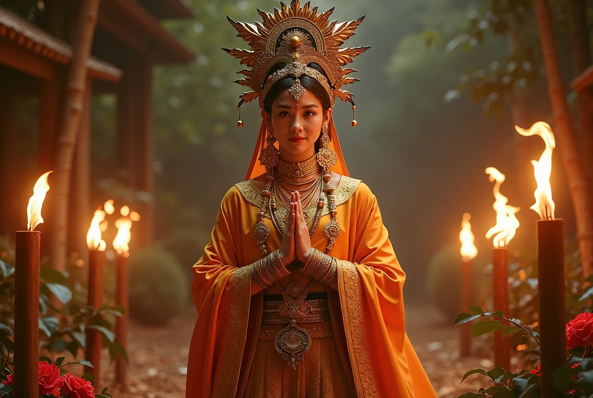 The image depicts a Bodhisattva in traditional Tibetan art, wearing a green halo and red and blue clothes, sitting on a lotus with a dragon and a phoenix at his feet.