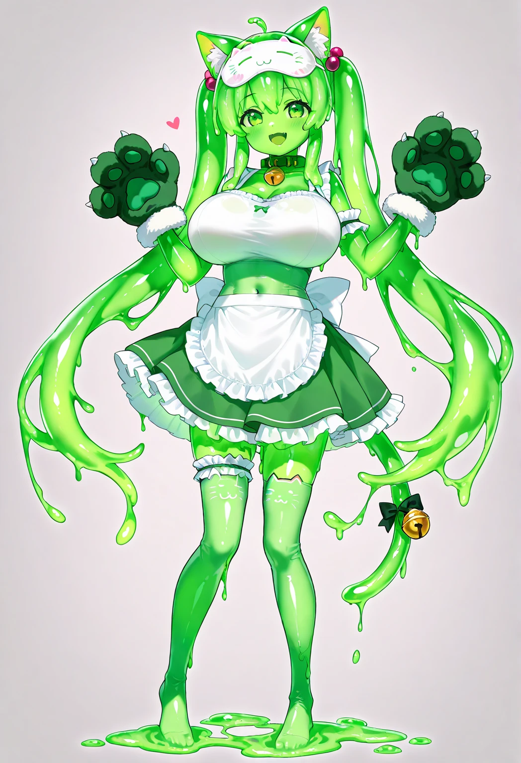 best quality, masterpiece, highres, solo, slime girl, green_eyes, blush, green skin, collarbone, smile, 1girl, kneesocks, standing