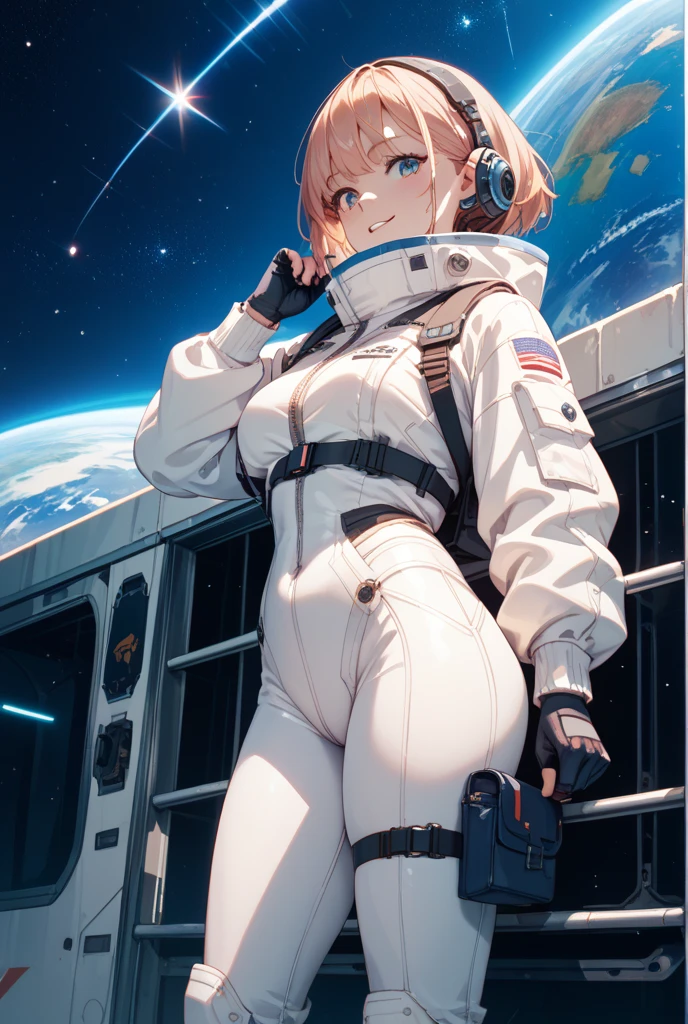 Absurd resolution, high resolution, (masterpiece:1.4), ultra-detailed, 1girl and 1boy, in a spacesuit, seen from above, space, floating, satellite, outer space operation, wide-angle lens distortion