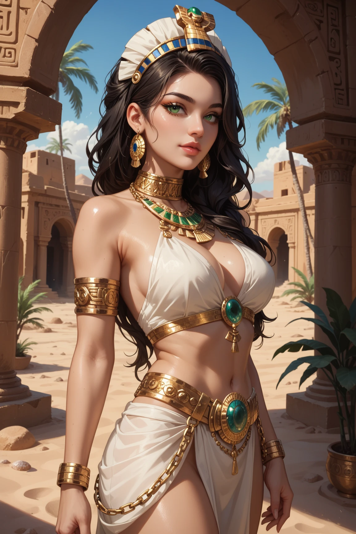 ((ultra high definition)), ((ultra high resolution)), ((ultra sharpness)), ((cinematic)), ((8K)), ((Unreal Engine 5)), ((Ultra Black girl)),((huge boobs:1.9)), ((huge cleavage:1.4)), ((thin waist 0.2)), ((extremely beautiful)), ((totally realistic)), ((total fidelity)), ((ultra chubby)), ((front view)), ((perfect body)), ((ultra detailed face)), ((ultra detailed eyes)), ((ultra detailed irises)), ((ultra detailed hands)), ((ultra detailed fingers)), (((alone))), (((full body))), ((natural lighting)), ((always the same face)), ((repeat always the same face)), ((always the same body)), ((always the same body proportions)), ((wearing a gold short dress)), ((in front of the pyramids in Cairo)), ((alone in the photo)), ((repeat the same clothes)), ((always the same clothes)), ((looking at the camera)), ((straight hair)), ((long hair)), ((light gray irises))