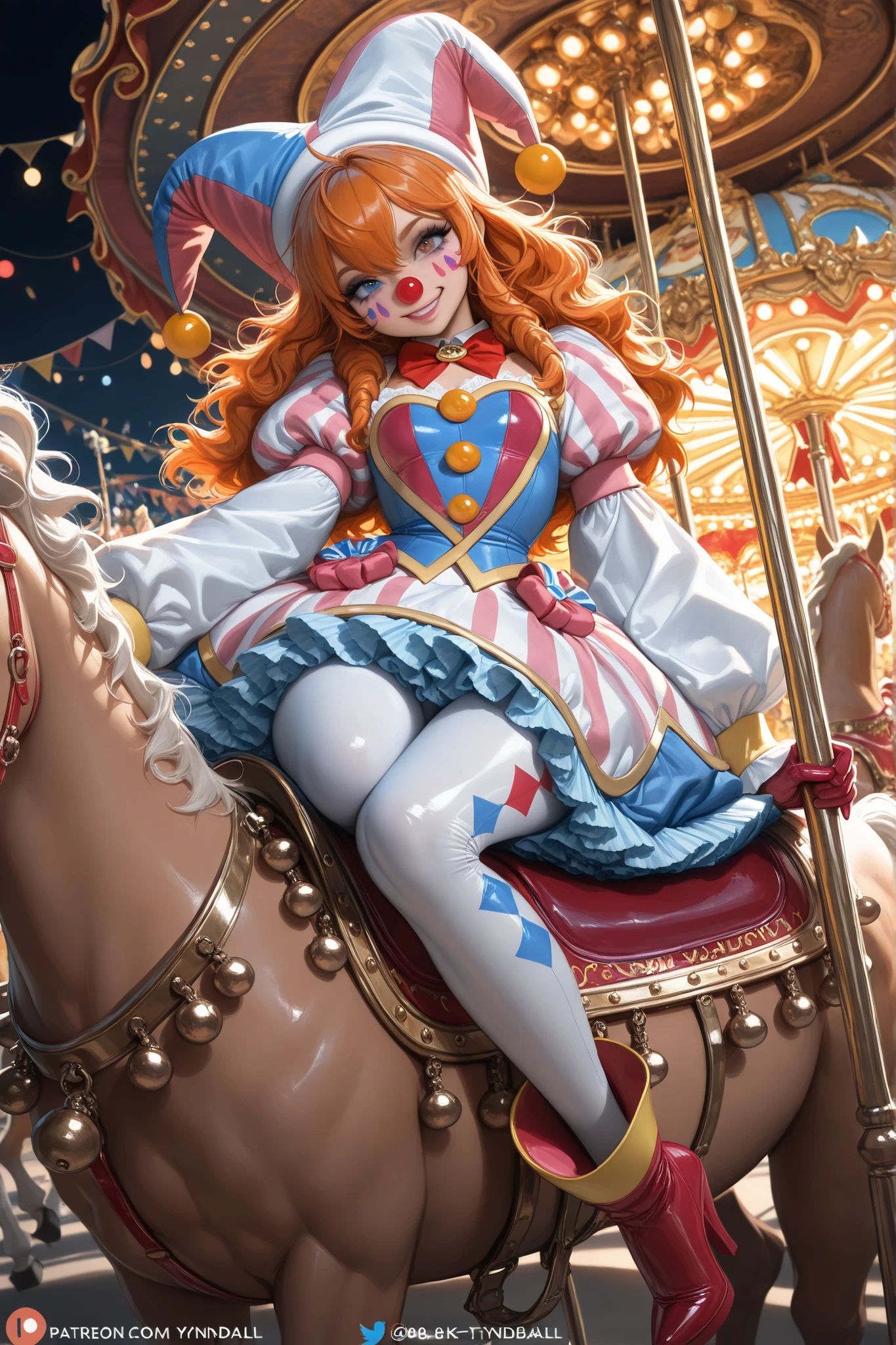 (tangobat:0.7),(Sakimichan:0.7),(High CT quality,4k,High resolution,main piece:2.3),(Very detailed,Realistic:1.37,Best quality,masterpiece, high resolution,on_body), (Tyndall effect,photorealistic, Edge lighting, Two-color lighting),(high definition skin:2.3), (8K UHD, DSLR quality, soft lighting, high quality, surround lighting, sincere, de 8K , 4K, 8K.)
A sweet circus girl in energetic poses, cheerful emotions. The girl has ginger hair hidden under a joker's clown hat. She has heterochromia. She is dressed in a pastel baby-blue circus clown costume: a wide sweatshirt with long puffy sleeves, a collar with a bow, a skirt with bells, pointed boots, leggings with daisies. She has a lot of patches in the form of daisies on her clothes. She has pastel circus makeup on her face. On the background: There is an amusement park and a carousel with circus horses.