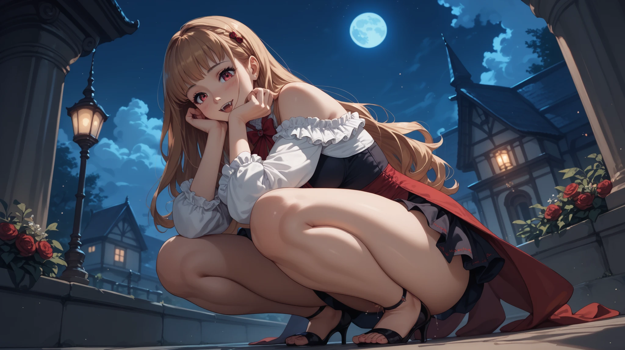 blonde, red eyes, one girl, anime, dress, moon, vampire, sitting