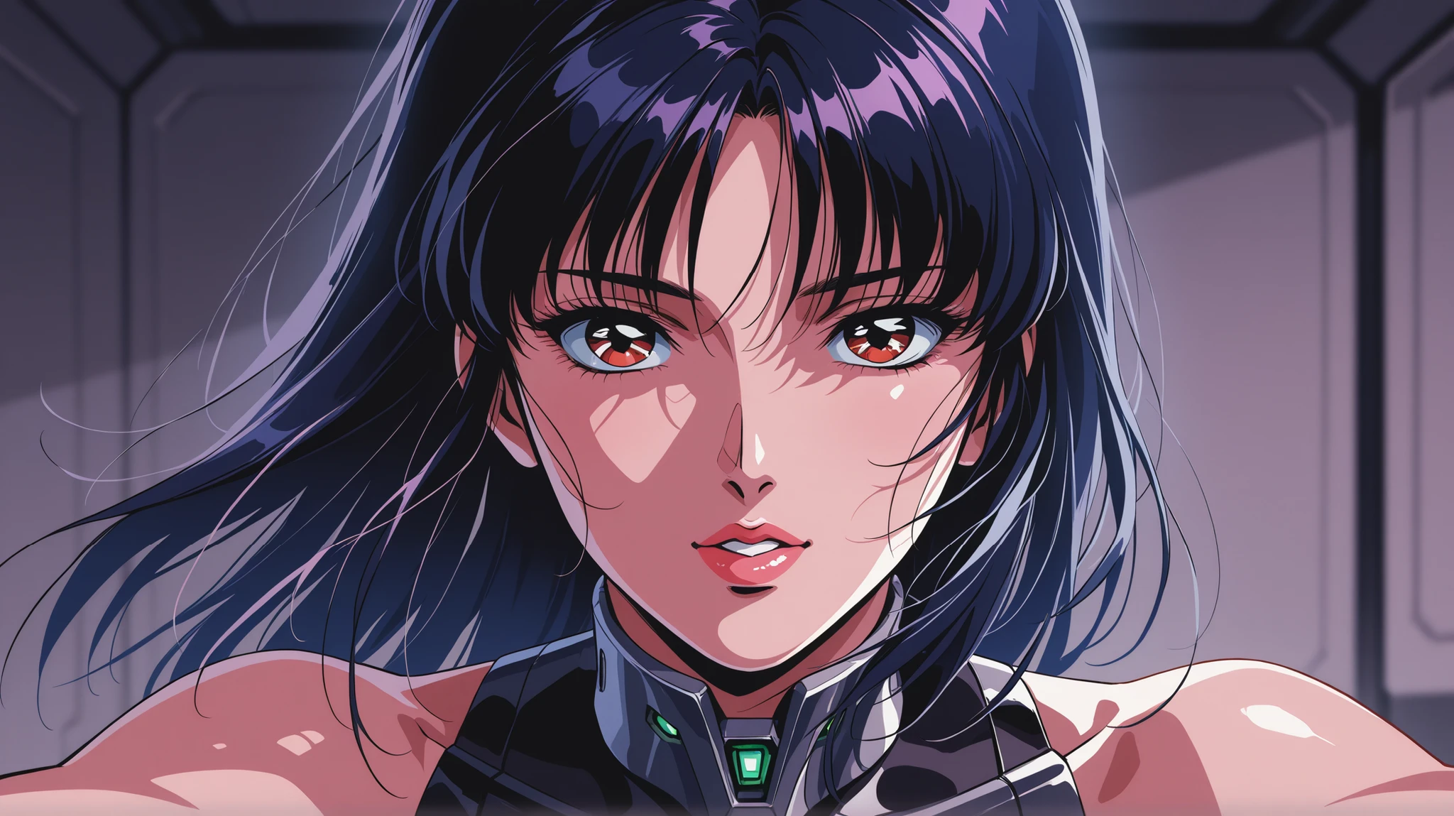 beautiful woman woman mechanical of future cybernetic horror retrowave 80s