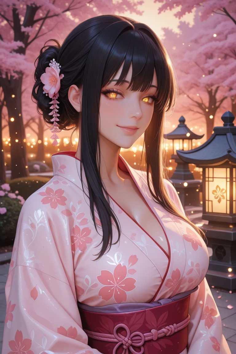 (masterpiece, Digital Art, Digital Illustration, 4K, 8K, Ultra-detailed, beautiful image, Sharp Image, Photorealistic, Raw photo, Perfect face, Perfect lines, Perfect eyes, Soft lighting), ultra detail, adult, young woman, (((red eyes, choker, bangs, black long hair, sexy, sensual, pretty face, pretty smile)), ((medium thighs, big breasts)), (((japanese yukata, hairband, cleavage))), (((night, very dark, staircase, lantern festival))), ((upper body focus))