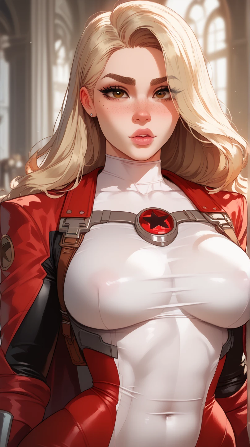 1girl,Alicia Viewsrtream, blonde hair, wavy hair, long hair,red lips,red impossible clothes,red elbow gloves,red thigh boots,cape,incredibly absurdres,Volumetric Lighting,moody lighting,thighs,realistic,reality,hetero,smug,fighting_stance, best quality:1.4, intricate details, sharp focus, highres, eleborate atmosphere:0.90, 8K, 4K, UHD, 32k UHD resolution, realistic photo, professional photography, Ultra Detailed 8K CG, ultra high res, High quality texture, High quality shadows, vivid colors, HDR, space station, windows, military officers,