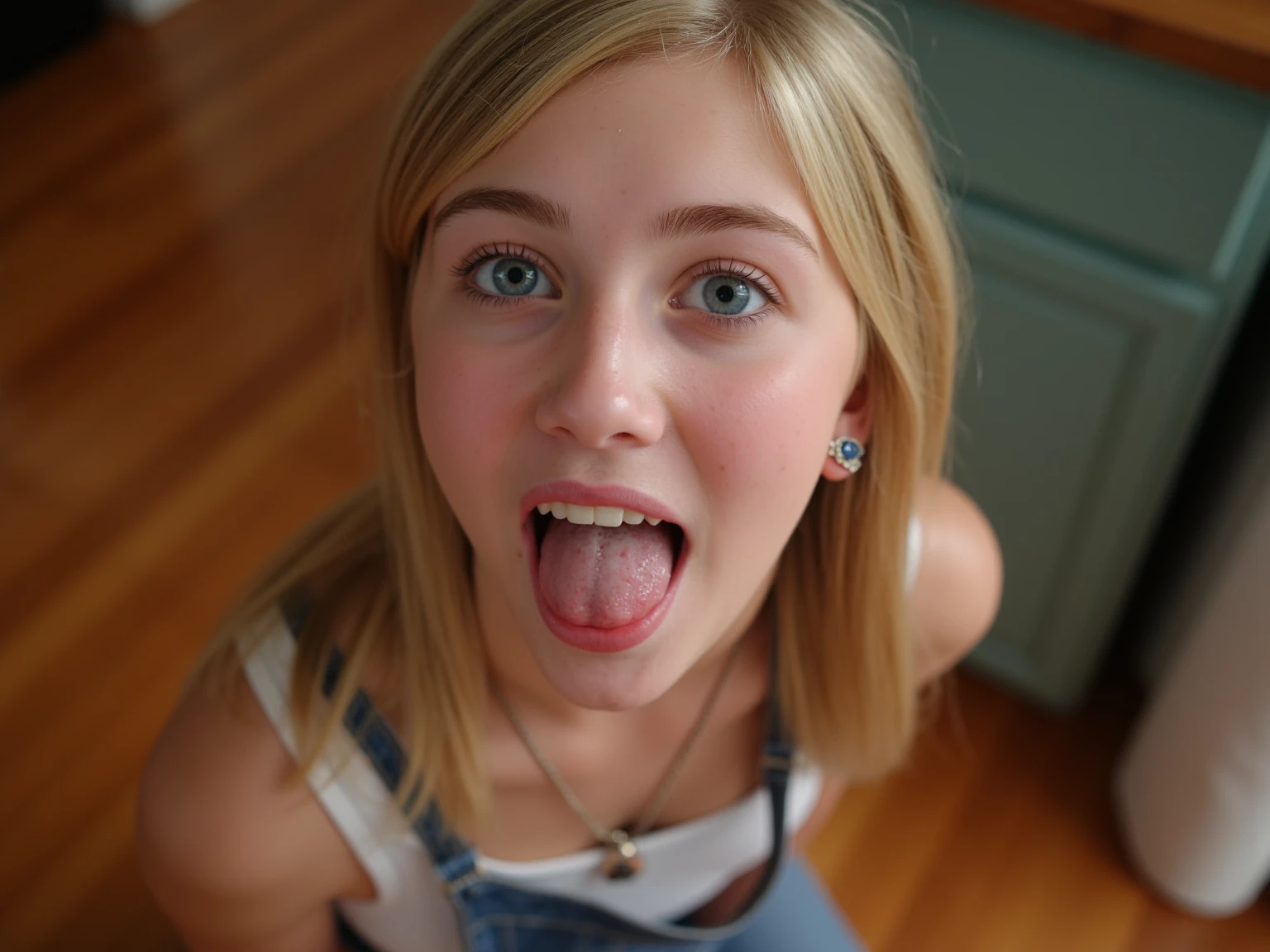 Japanese woman, beautiful girl, gal, blonde, baby face, highest quality realistic skin, eyes in focus, 20 years old, sticking out tongue, focus on mouth, open mouth, long tongue, saliva, open mouth wide, inside of mouth visible, open mouth and sticking out tongue