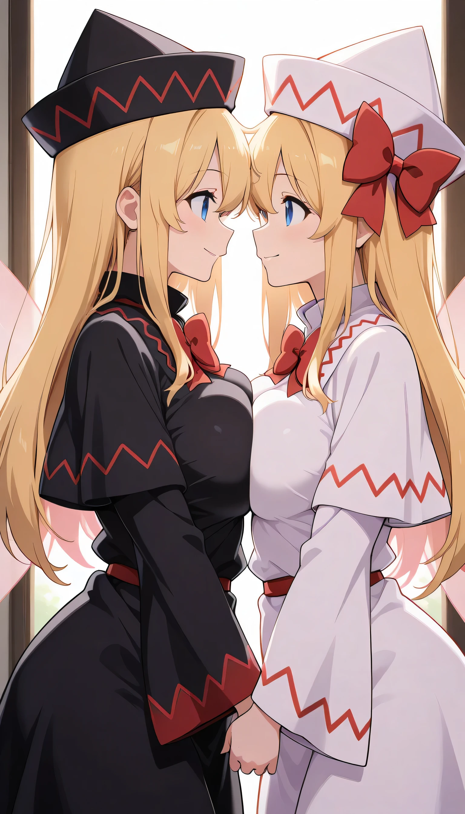 lily white, 2girl, solo, blue eyes, blonde hair, long hair, fairy wings,
white dress, white hat, bow, wide sleeves,
black dress, black hat, bow, wide sleeves,, breasts, , , multiple_girls, 2girls, large_breasts, , breast_press, symmetrical_docking, , , looking_at_another, highleg, from_side, , , smile, ,, , backlighting, , , yuri, , mature_female, eye_contact