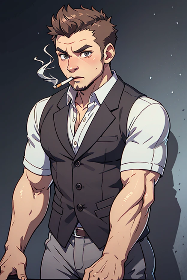 generates a grown man, wearing suit, with Scottish features, redhead and smoking a cigarette, He's strong