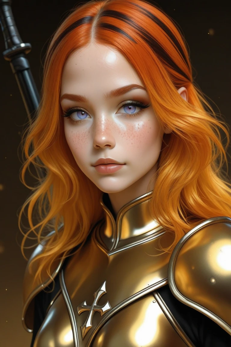 exotic acid trippy colourful beautiful space woman with warm seductive grinning expression,bright clear sparkling green eyes, very messy long silky ginger hair with rich golden highlights, bright red blushing rosy cheeks, fair complexion, freckles, acrylic and watercolour graphic design, extreme high details, spotlights, crisp outlines, moody lighting, rich dynamic space background, highlights, pastel, impasto