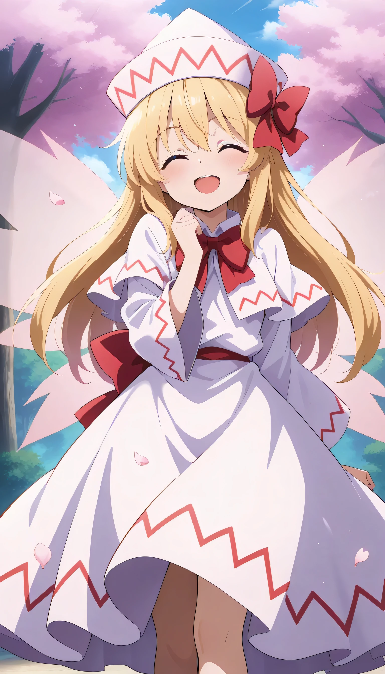 absurdres, highres, masterpiece, best quality, amazing quality, official anime artwork, screencap, anime screencap, outdoors, closed eyes, smile, blush , open mouth, dynamic pose, day, sakura tree, light particles, petals,
lily white, 1girl, solo, blue eyes, blonde hair, long hair, fairy wings,, white dress, white hat, bow, wide sleeves,Give your images flat even illumination (negative) or dramatic chiaroscuro lighting (positive).