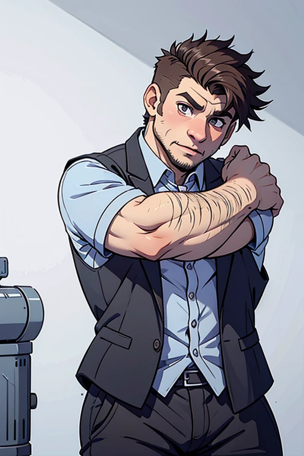 (best quality, masterpiece, Insane Details),Anime style,extremely detailed CG,1boy,slim male,handsome detailed face,solid eyes,detailed hair,contemporary,cold light,holding_pillow,Comforting,Glaring,Buzz Cut,