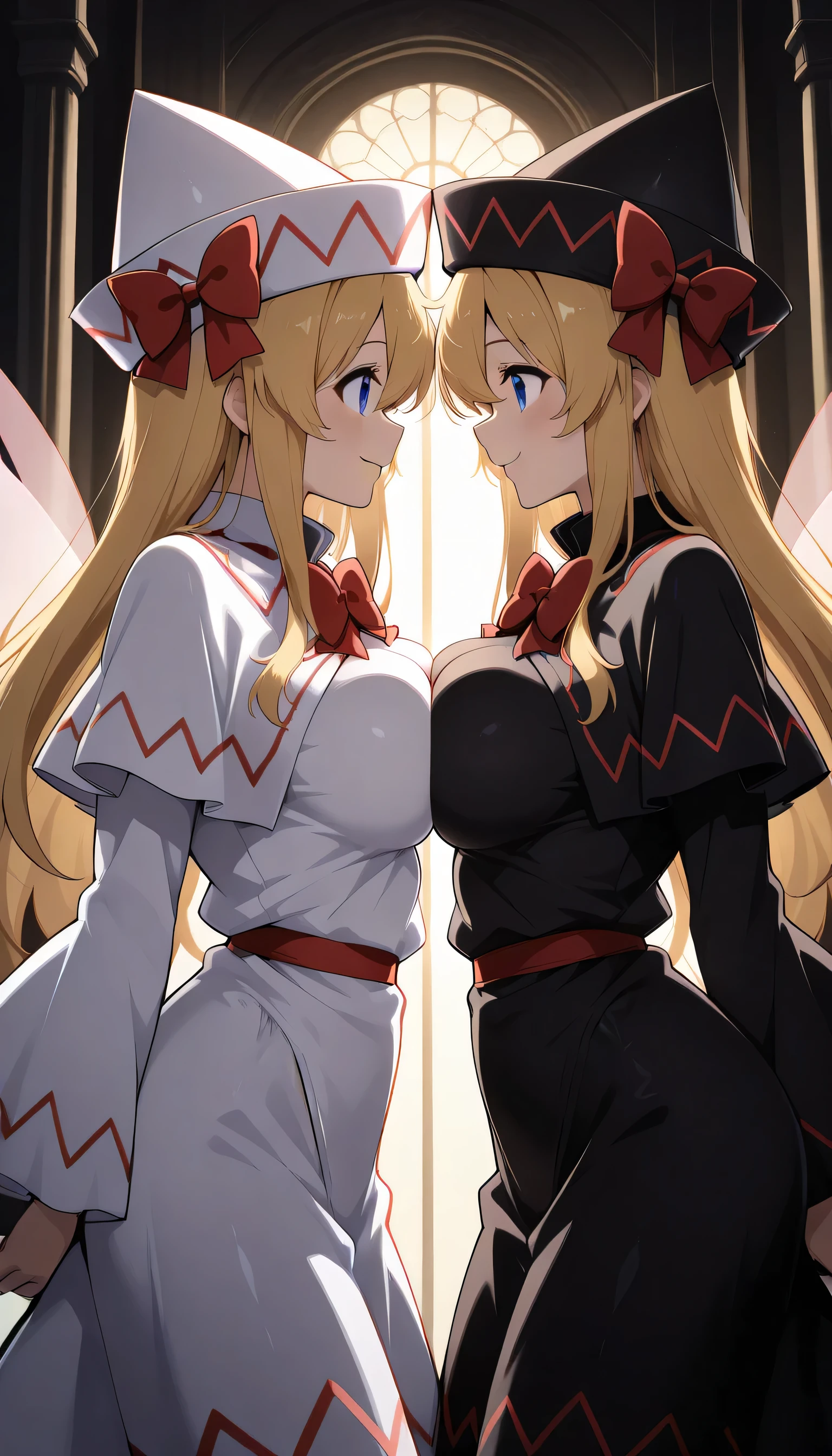 lily white, 2girl, solo, blue eyes, blonde hair, long hair, fairy wings,
white dress, white hat, bow, wide sleeves,
black dress, black hat, bow, wide sleeves,, breasts, , , multiple_girls, 2girls, large_breasts, , breast_press, symmetrical_docking, , , looking_at_another, highleg, from_side, , , smile, ,, , backlighting, , , yuri, , mature_female, eye_contact,Give your images flat even illumination (negative) or dramatic chiaroscuro lighting (positive).