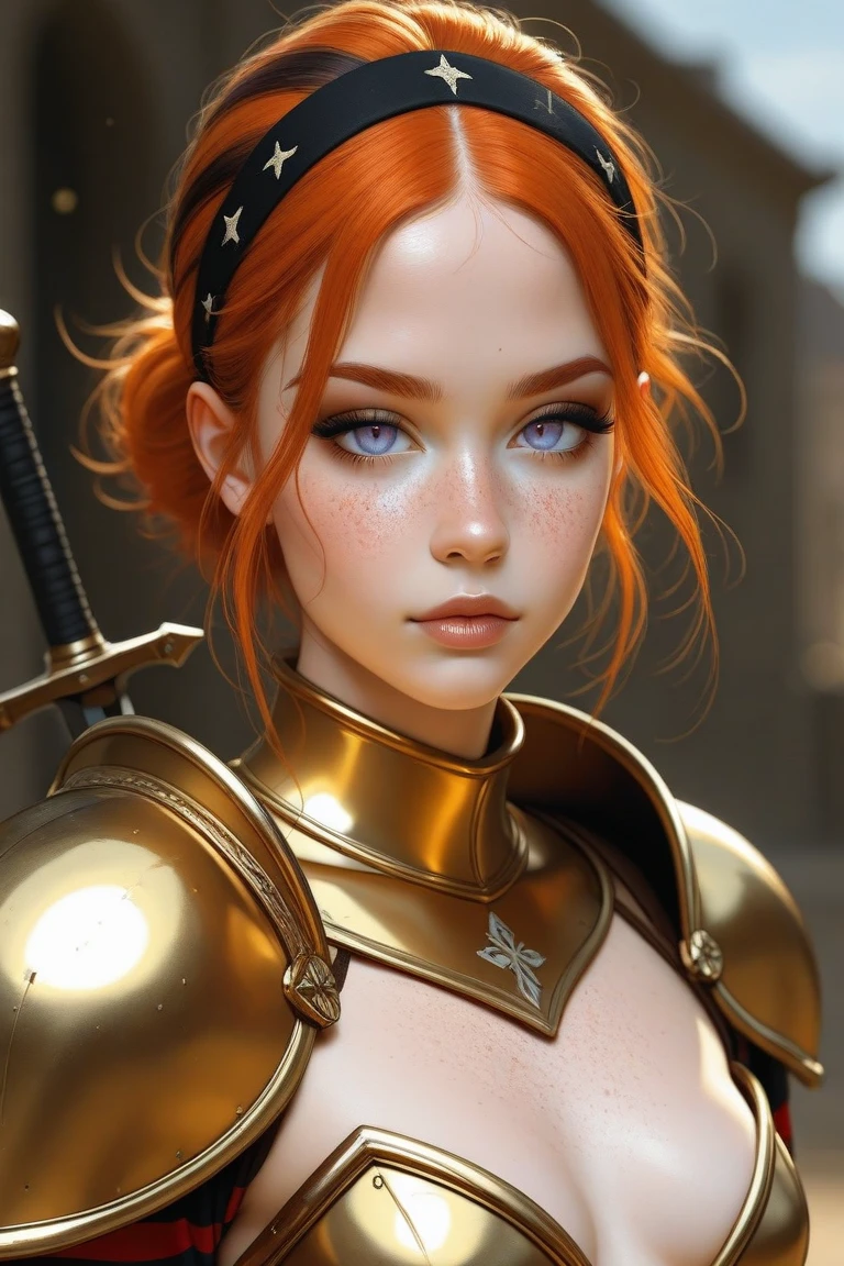 a beautiful woman, orange eyes, (blush nose), detailed eyes, cinematic, drawn by Greg Rutkowski, Yoji Shinkawa: 0.6long curly orange hair, defined body, wearing detailed Victorian-era armor (((super strong)), masterpiece, best quality, ultra-detailed, ground, destroyed city background, shadows, contrast, gray sky, style (look at viewer: 1.2) (skin texture) (film grain: 1.3), ultra-high resolution, octane render, 16k