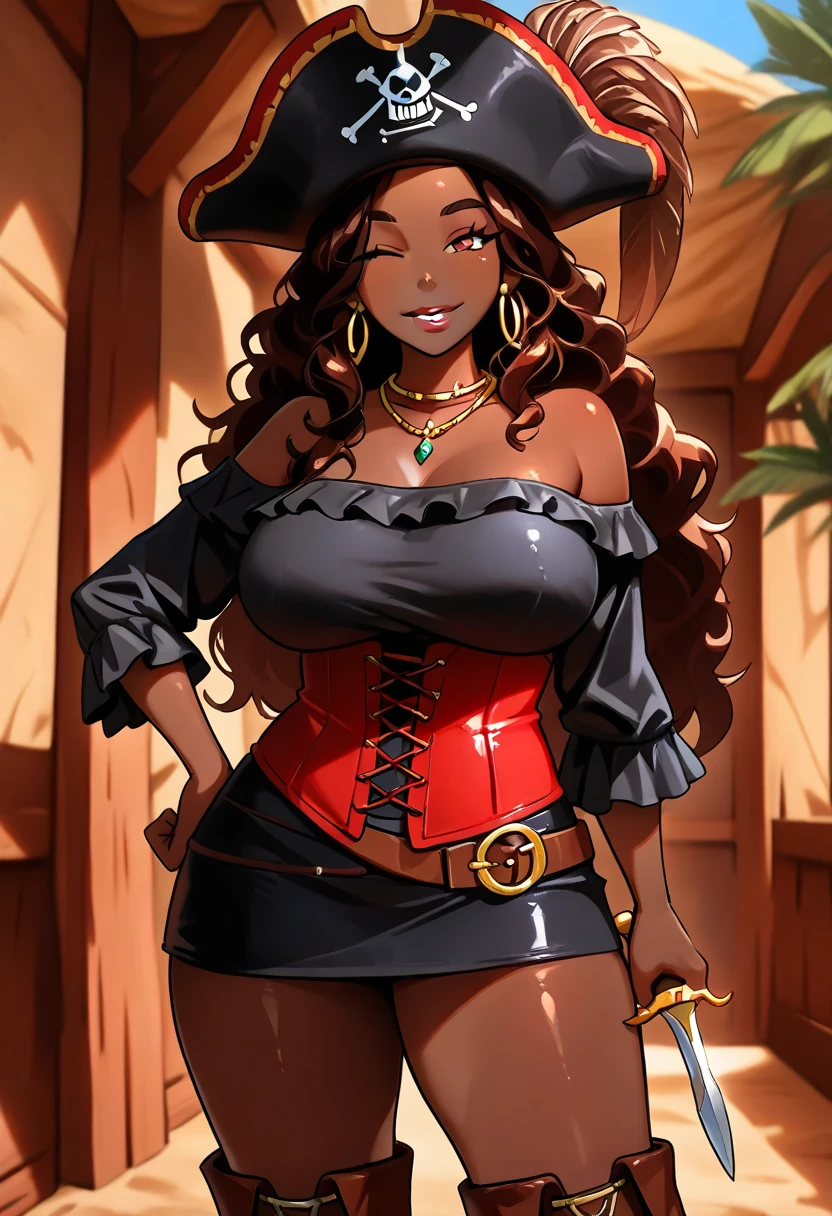 black woman, afrofuturism, sexy, pirate, topless, cleavage, brown leather skirt, corset, far shot