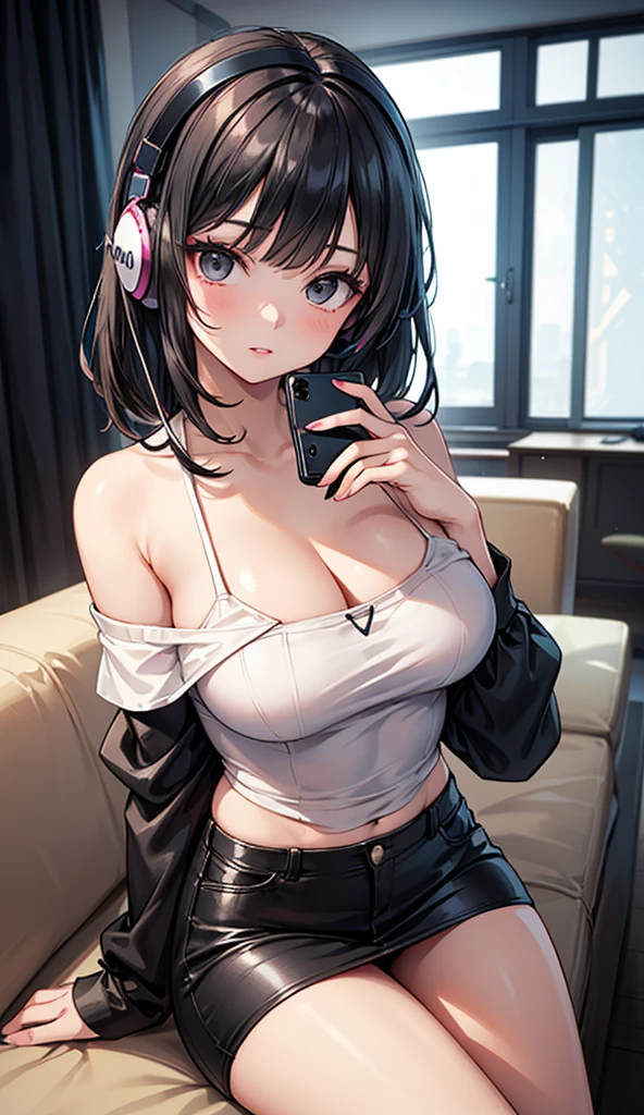 (Top quality)), ((Masterpiece)), (Details), perfect face, sitting under a cherry tree, listening to music, a woman, wearing headphones, wearing underwear, underwear is transparent, sitting with legs wide open, wearing tight clothes, showing butt and breasts

